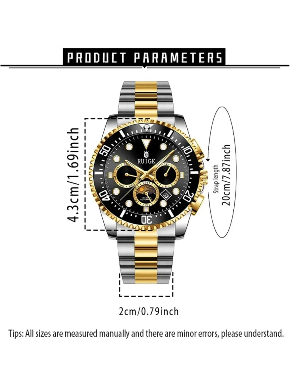 Men's Black Two-Tone Gold Steel Mechanical Waterproof Luminous Wrist Watch
